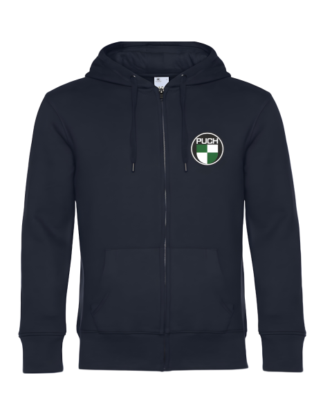 Puch; Kapuzenjacke; Hoodie; Puch Est. 1889; Brustaufdruck; Rückenaufdruck; Baumwolle; gekämmte Baumwolle; Front-Reißverschluss; Kapuze; Kängurutaschen; Unisex; Freizeit; Alltag; Streetwear; Retro; Classic; Fanartikel; Mopedszene; Mode; Puch Merchandise; J