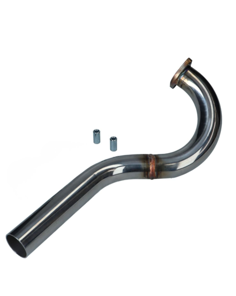 Auspuffkrümmer; BAD ASS; 32 mm; Chrom; Flammenrohr; Puch; E50; Z50; X30 Sport; Mofa; Moped; Auspuffanlage; Rohr; Krümmer; Ersatzteil; Flammenrohr-Krümmer; Stahl; verchromt; Abgasführung; Befestigung; Stehbolzen; Muttern; Auspuff-Montage; Tuning; Wartung;