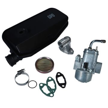 Vergaserset; 17 mm; getarnt; swiing ingenious; Puch; E50; Mofa; Moped; SRF Vergaser; Komplettset; Ansaugstutzen; Originaloptik; Tuning; Racing; Leistungssteigerung; Luftfilter; Handchoke; Steckverbindung; Klemmbefestigung; Düsenstock; Nadel; Feinabstimmun