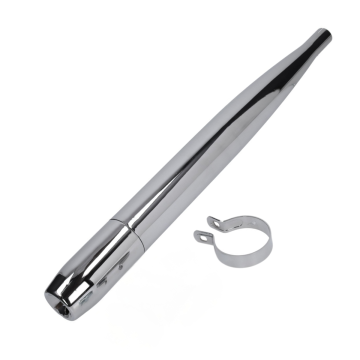 Auspuff Zigarre; Ø 28 mm; Ø 65 mm; Chrom; verchromt; Auspufftopf; Mofa; Moped; Kleinmotorrad; Stahl; Universal; Puch; Sachs; Hercules; Prima; Optima; Endrohr; Auspuffanlage; geschlitzte Aufnahme; Rohrschelle; Befestigung; Auspuffschelle; Ersatzteil; Zubeh