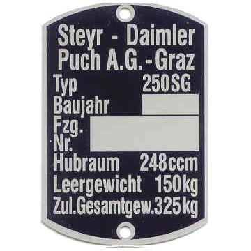 Typenschild PUCH 250 SG
