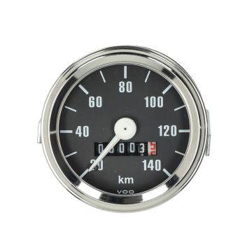 Tachouhr; Tachometer; Kilometerzähler; Tacho; 140 km/h; 60 mm; schwarz; Chromring; VDO; Puch; Zündapp; Kreidler; Cockpit; Scheinwerfergehäuse; Nachbau; Moped; Oldtimer; Anzeige; Tachoantrieb
Tachouhr 140 km/h 60 mm schwarz Chrom Puch Zündapp Kreidler; KM