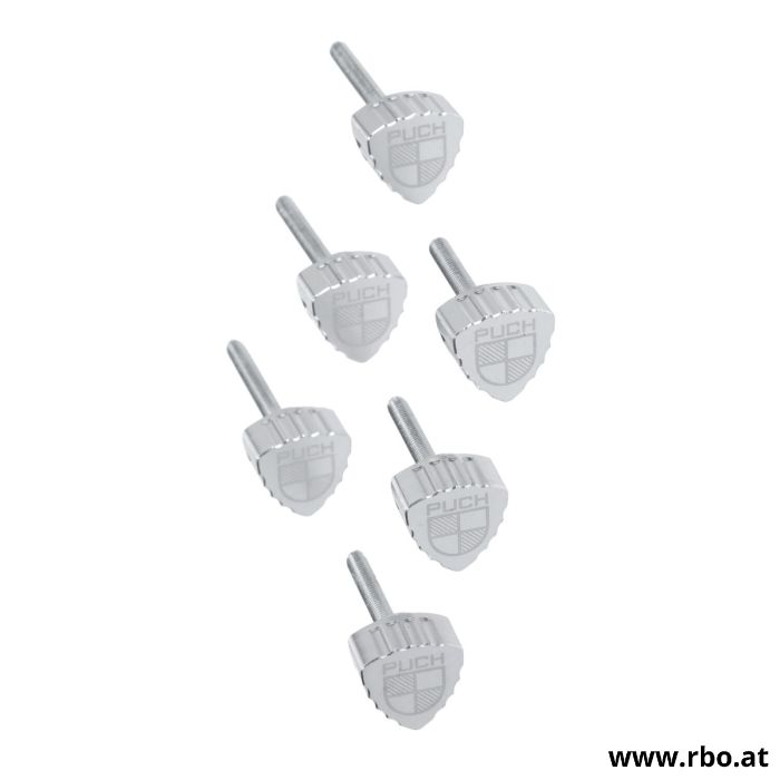 Seitenverkleidung; Schraube; Schraubensatz; CNC; schwarz; Aluminium; Puch Maxi S; Fast Arrow; Verkleidungsschraube; Knopf; Logo; lang; kurz; Befestigung; Moped; Ersatzteil; Satz; 6 Stück; Maxi S; Seitenblech
Seitenverkleidung Schraube schwarz Puch Maxi S