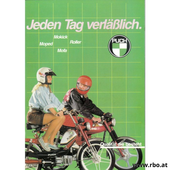 Prospekt Puch Modelle 1987 " Jeden Tag verläßlich"
Puch Maxi N Mofa, Speichenräder, 1-Gang Automatik
Puch Maxi N DGR Mofa, Druckgußräder, 1-Gang Automatik
Puch Maxi S Mofa, Druckgußädern und Hinterradfederung, 1-Gang Automatik
Puch Maxi S2 Mofa, Druck