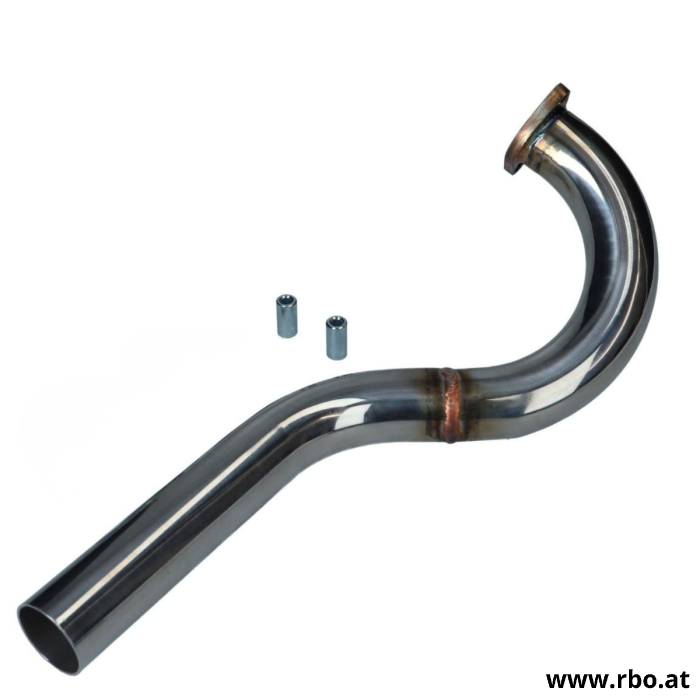 Auspuffkrümmer; BAD ASS; 32 mm; Chrom; Flammenrohr; Puch; E50; Z50; X30 Sport; Mofa; Moped; Auspuffanlage; Rohr; Krümmer; Ersatzteil; Flammenrohr-Krümmer; Stahl; verchromt; Abgasführung; Befestigung; Stehbolzen; Muttern; Auspuff-Montage; Tuning; Wartung;