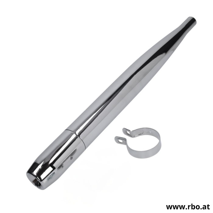 Auspuff Zigarre; Ø 28 mm; Ø 65 mm; Chrom; verchromt; Auspufftopf; Mofa; Moped; Kleinmotorrad; Stahl; Universal; Puch; Sachs; Hercules; Prima; Optima; Endrohr; Auspuffanlage; geschlitzte Aufnahme; Rohrschelle; Befestigung; Auspuffschelle; Ersatzteil; Zubeh